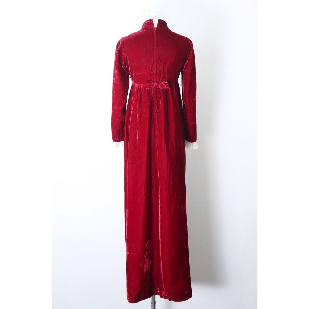 Vintage 1960s Emma Domb Victorian Revival Velvet Maxi Dress Red Lace Ruffle - Picture 6 of 12